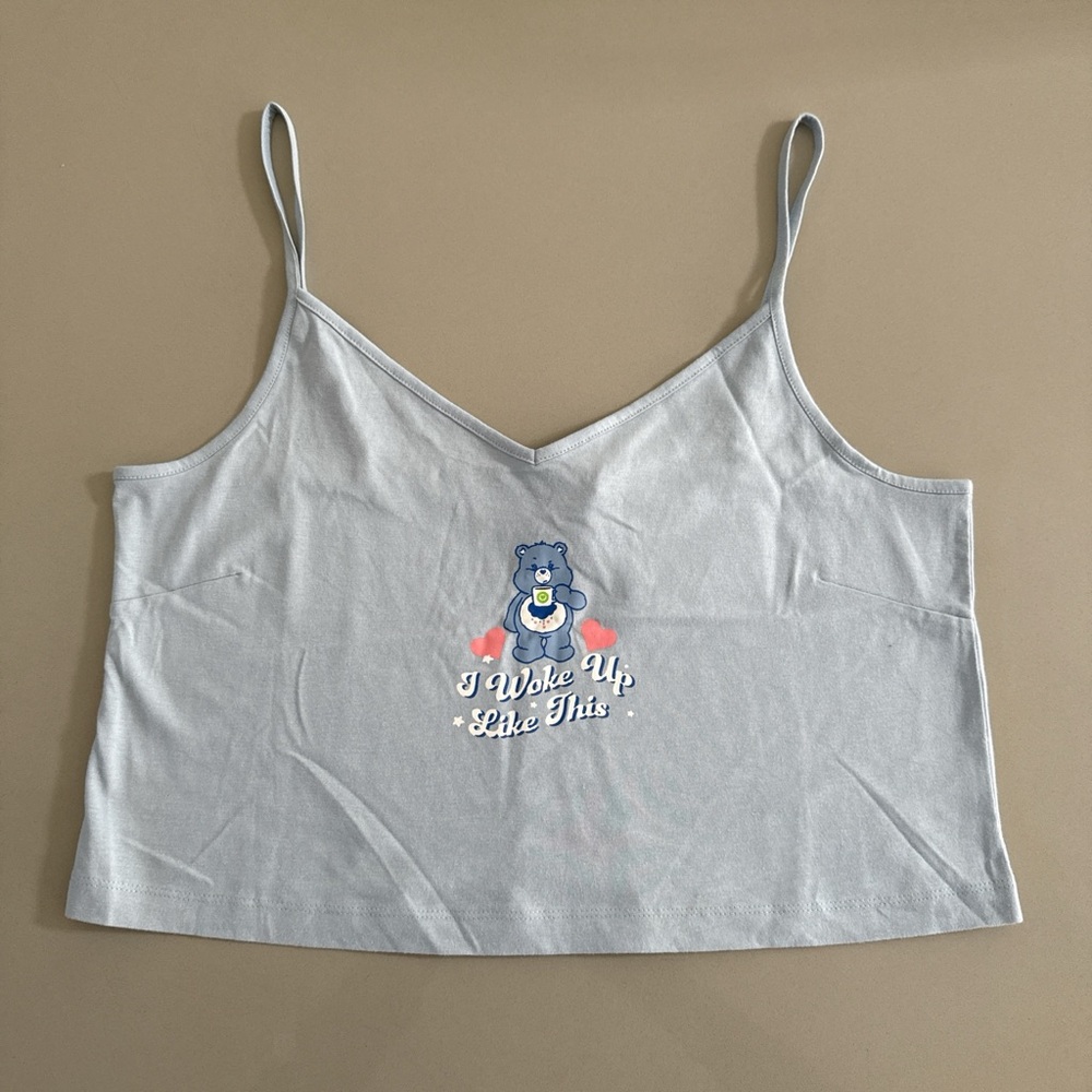 Light Blue Care Bear Graphic Cami Crop Top - 'I Woke Up Like This' Loungewear